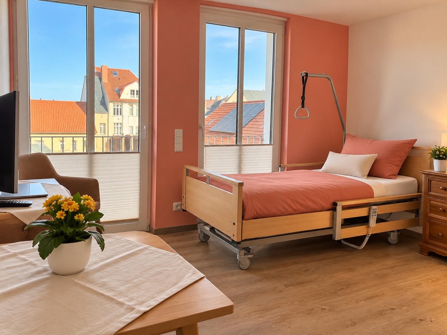 Apartment in der Senioren-WG Marienresidenz, 3. Etage – mit charakteristischem Terrakotta-Wandstreifen