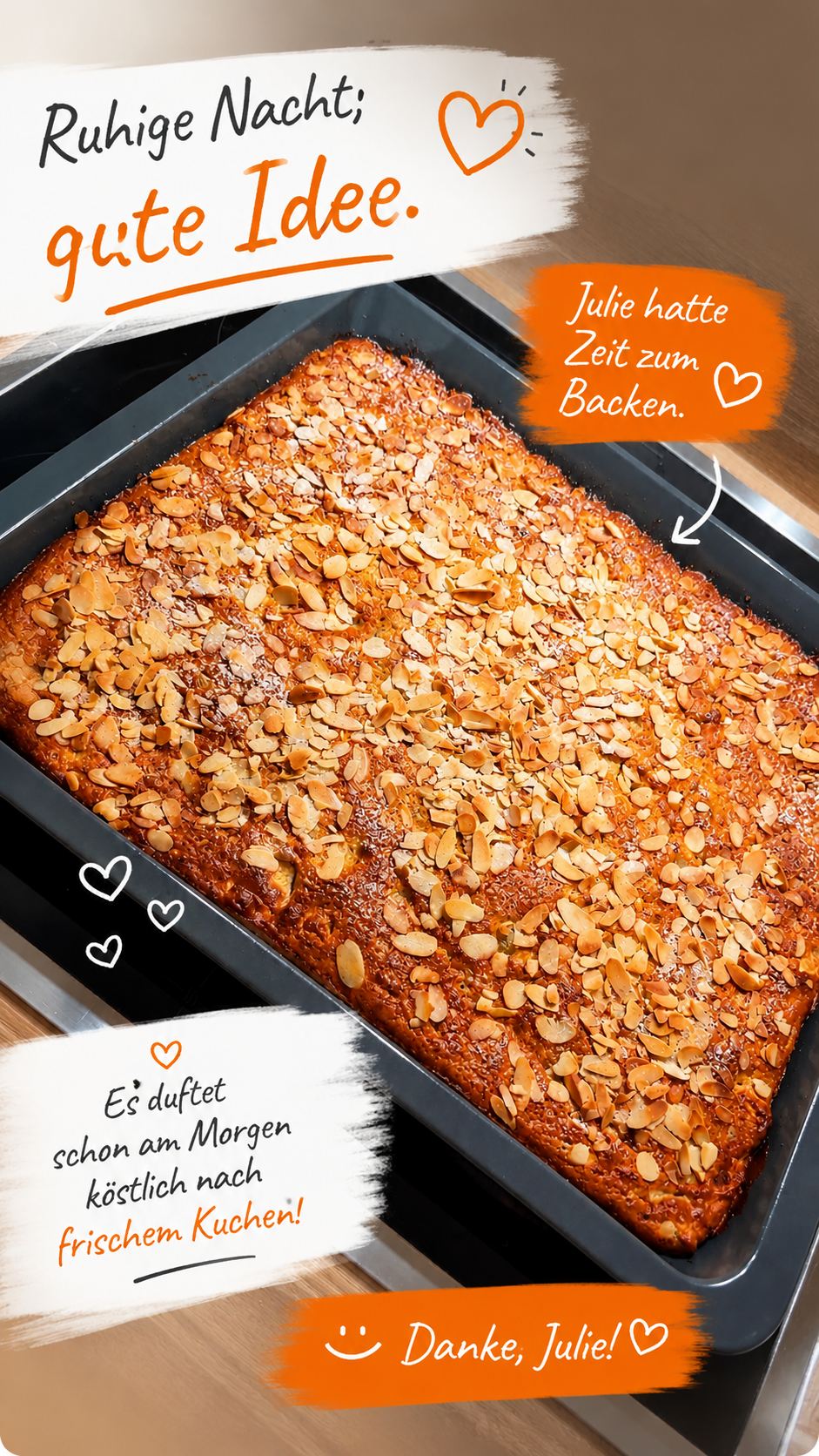 Handgeschriebene Notiz: Julie hat im Nachtdienst Kuchen gebacken